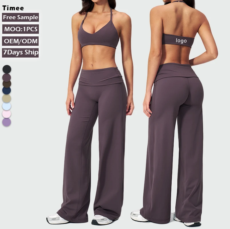 Hot Sale 2 Piece Workout Outfit Women Halter Sports Bra + Fold Over Waist Wide Leg Pants Yoga Set for Gym Running