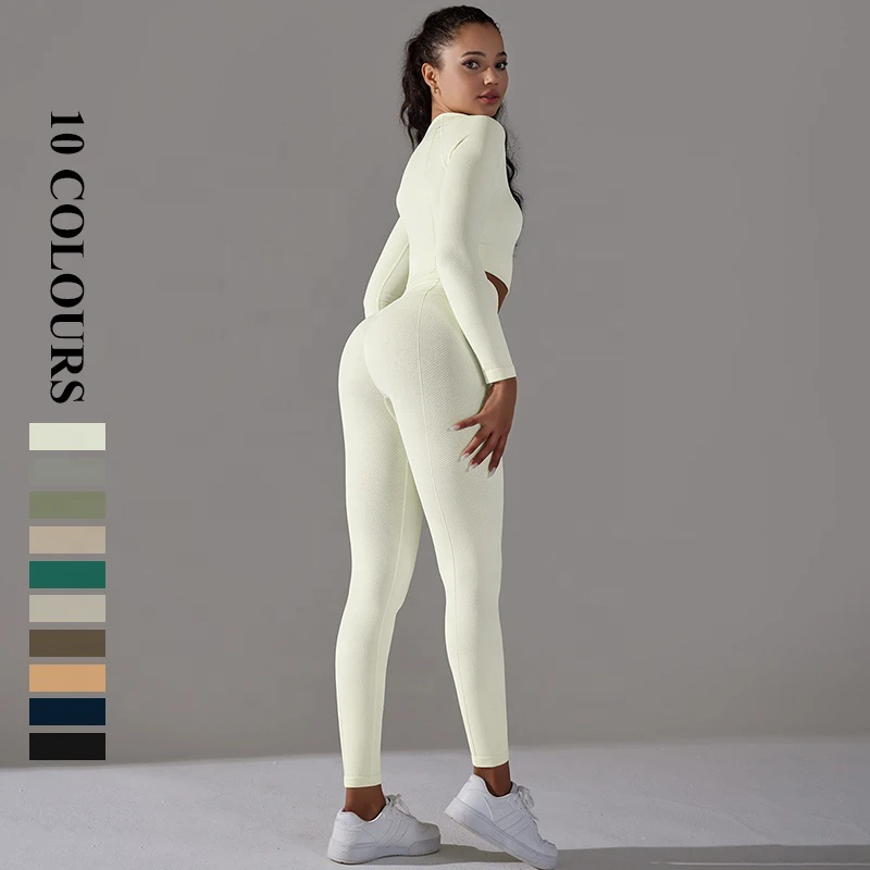Wholesale Quick Drying Breathable Set Seamless Knitted Top Lifting Hip High Waist Fitness Pants Outdoor Running 5-Piece Set