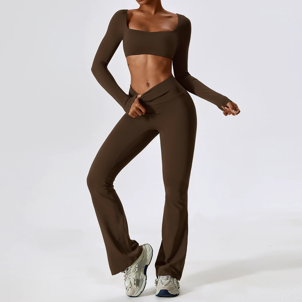 Workout Pilates Sets for Women 2 Piece Square Neck Long Sleeve Crop Tops High Waist Flared Leggings Gym Sets