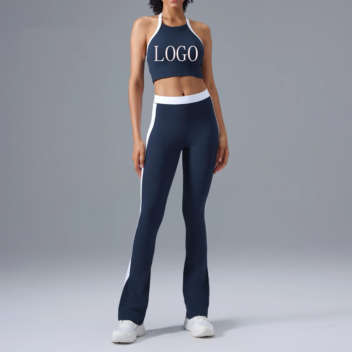 Women's Customized Yoga Set Quick-Drying Color Blocking Sports Bra Pants for Leisure Fitness & Gym Plus Size Logo on Waist