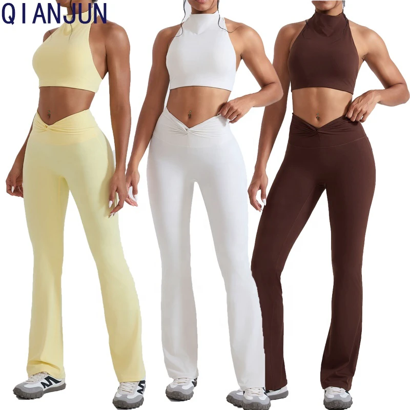 2026 New Workout Sets Flare Leggings Sports Vest 2 Pcs Yoga Wear High Waist Leggings For Women Gym Clothes