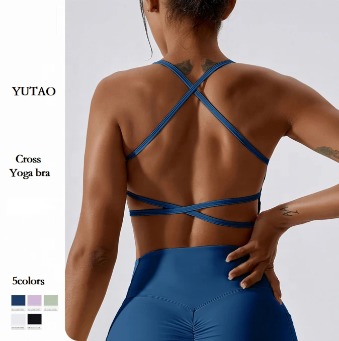 Women Sports Bra Sexy Cross Straps Back High Support Impact Cross Yoga Underwear Running Fitness Gym Padded Bralette