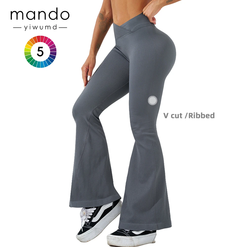 Women's High Rise Compression Stretch Scrunch Back Butt Lifting Flare Leggings Plus Size Soft Ribbed Flare Legging