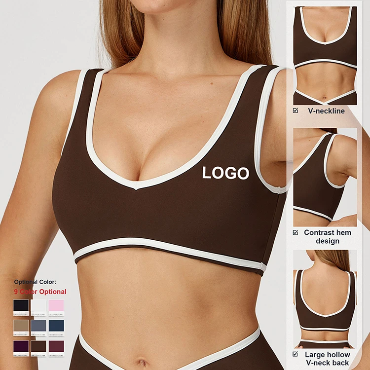 Custom Logo Breathable Adjustable U Neck Contrast Block Color Longline Backless High Support Sports Bra Women Yoga Fitness