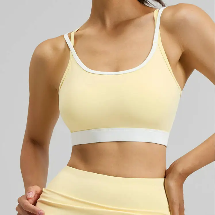 Women's Sports Bra High Strength Shockproof Fixed Cup Yoga Bra Vest Breathable and Contrast Color Cross Back Design