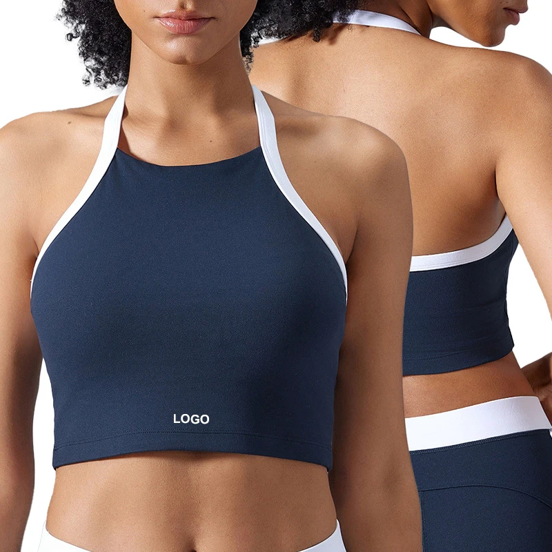 D25091 Women Sexy Halter Neck Bra Medium Support Push-up Backless No Padding Nylon Sports Bra Running Workout Yoga Bra
