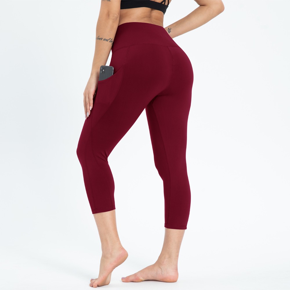 Wholesale Women's 3/4 Length Solid Wine Red Capris High Waist Quick Dry Workout Pants with Custom Logo for Gym Use