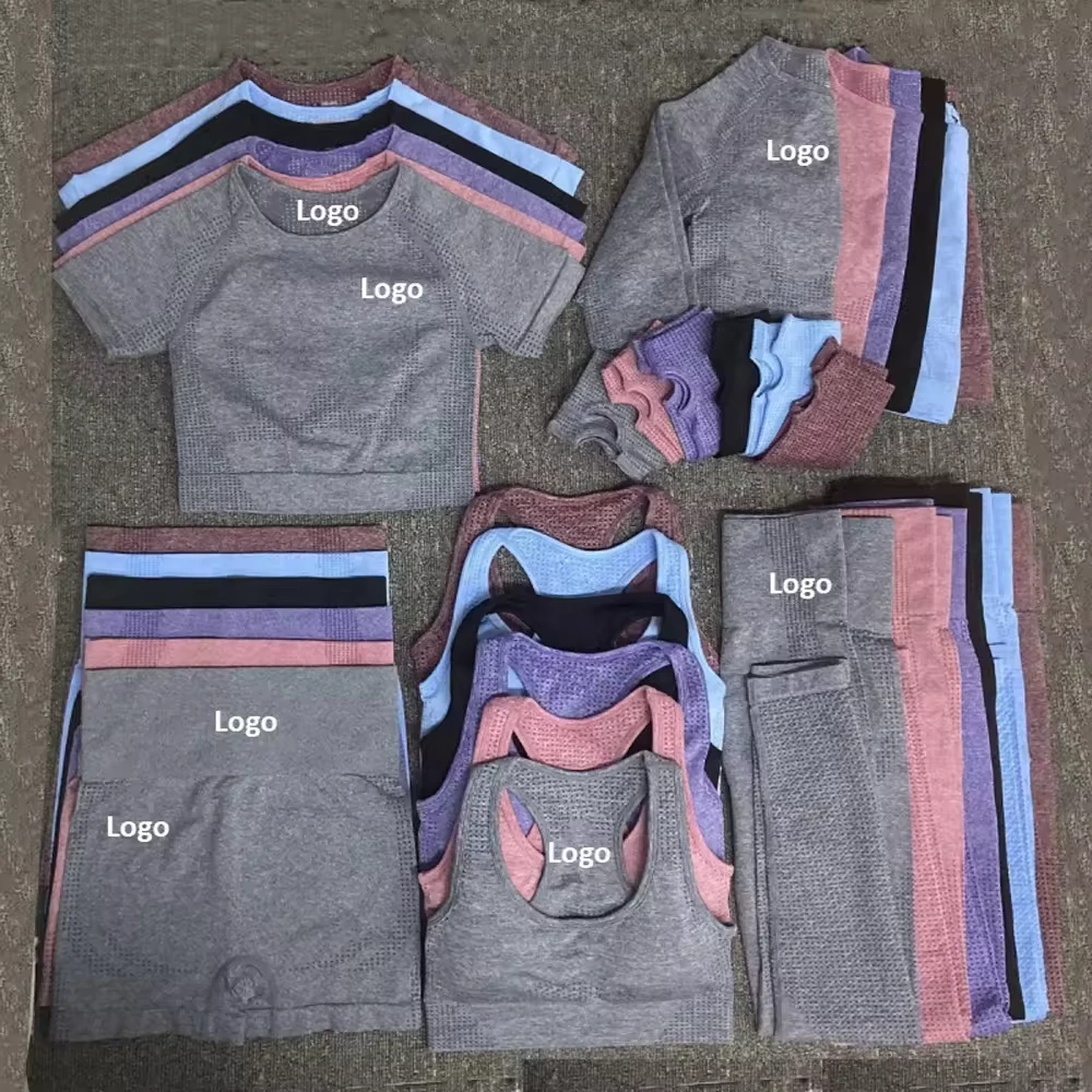 OEM Good Price Yoga Sport Wear 5 Piece Custom Brand Gym Fitness Sets Long Sleeve Crop Top Seamless Women Sportswear Yoga Sets