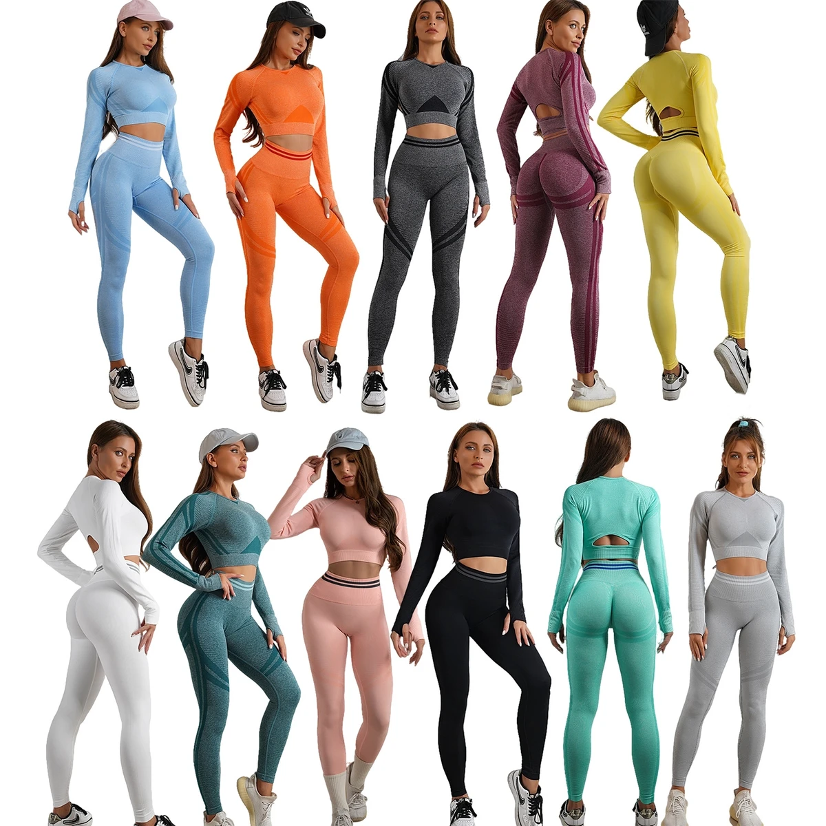 Hot Sale Women Lightweight 2-Piece Long Sleeve Solid High Waist Breathable Four-Way Stretch Front Logo Yoga Set for Sports