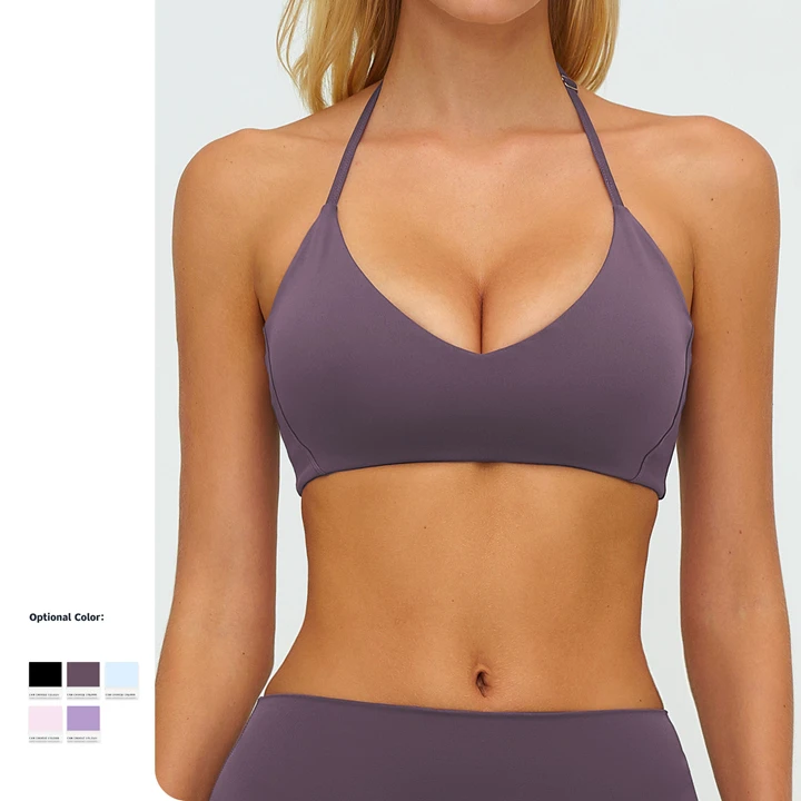 Women's Yoga Sports Bra Nude Halter with Sexy Open Back Strappy Design Breathable Front Logo Light Support Four-Way Stretch