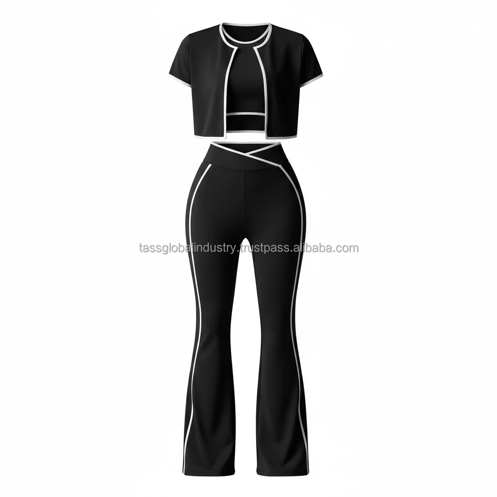 OEM Custom Women 5-Piece Solid Yoga Set Off-the-Shoulder Crop Top Sleeveless Jacket High Waist Flare Leggings Seamless