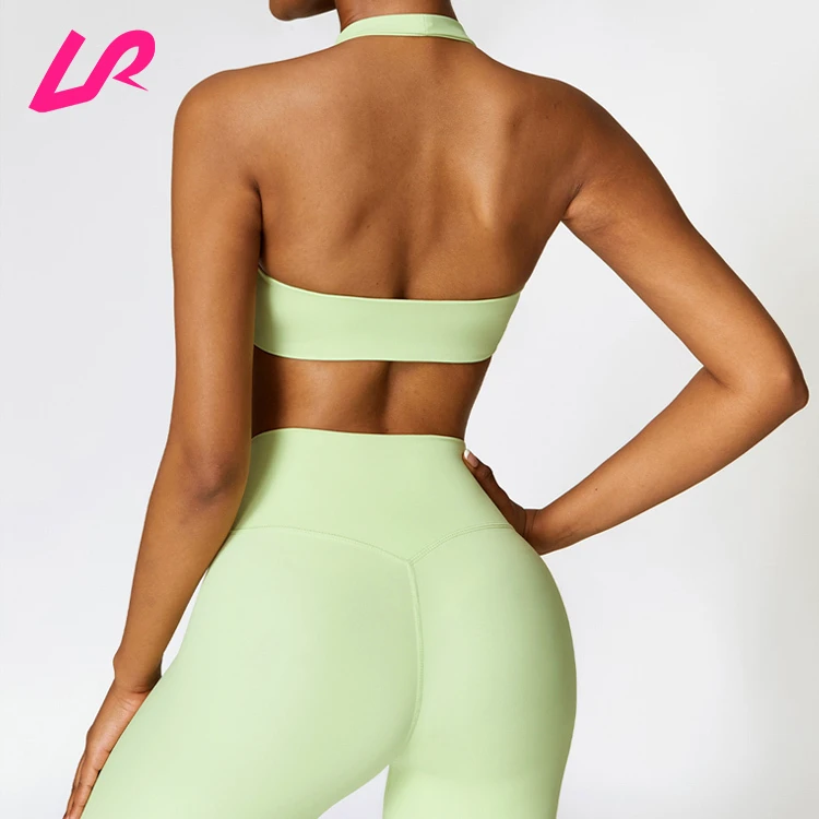 Custom Bulk Sportswear Fitness Workout Breathable Sexy Backless Deep V Light Support Halter Sports Bra for Women