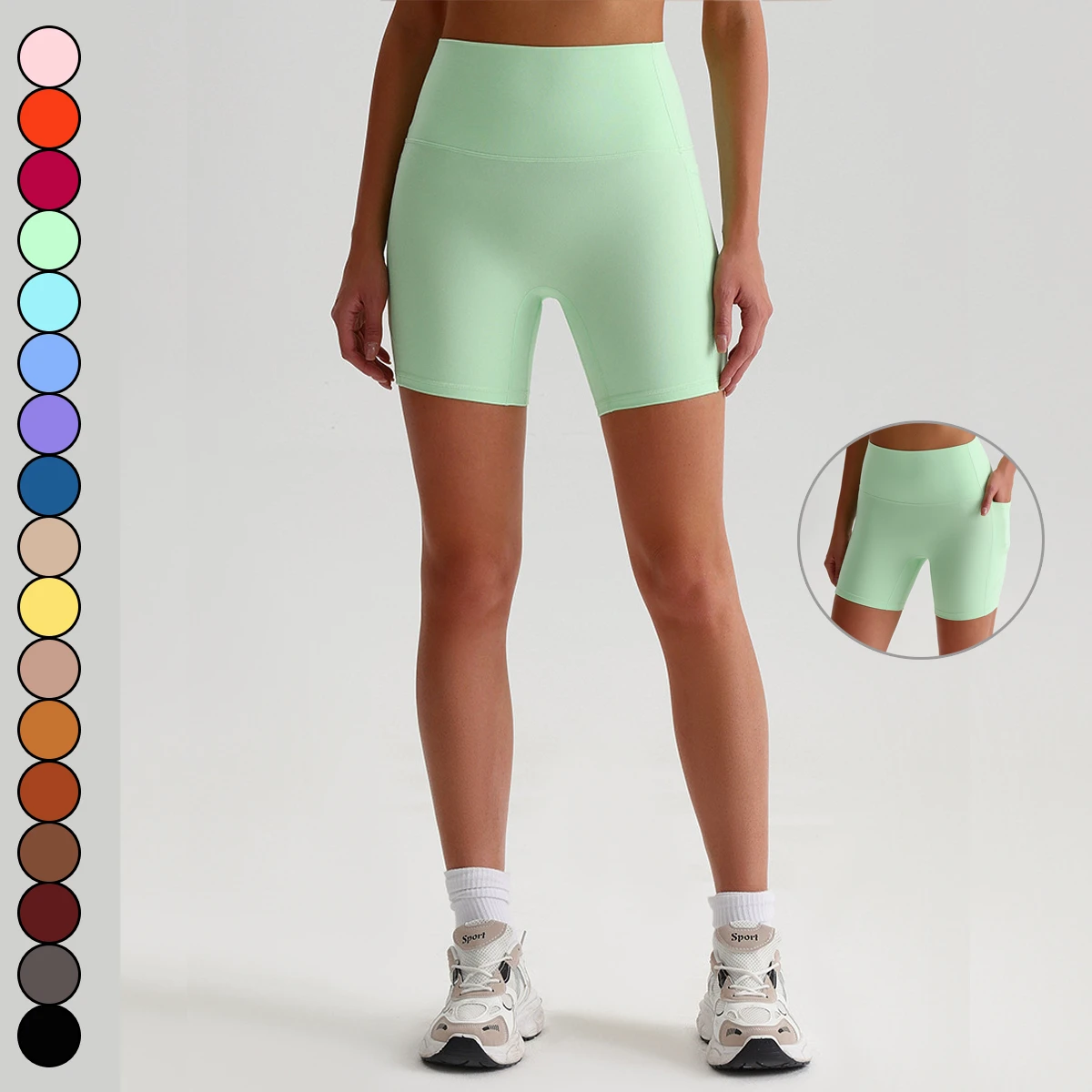 Quick-Drying Elastic Waist Yoga Shorts High-Waist Breathable Tight Sports Pants Hip Pocket Solid Plus Workout Clothing XS XL