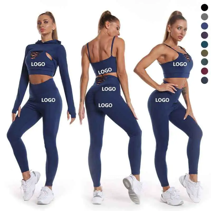 LOW MOQ OEM New Women Fitness Workout Gym Bra High Waist Leggings Hooded Tops Suit Seamless Activewear Compression Yoga Sets