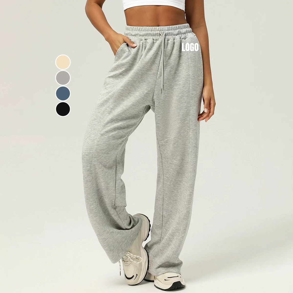 Custom Women's Solid Four-Way Stretch Drawstring Casual Pants High Waisted Loose Straight Leg Yoga Pants with Pockets