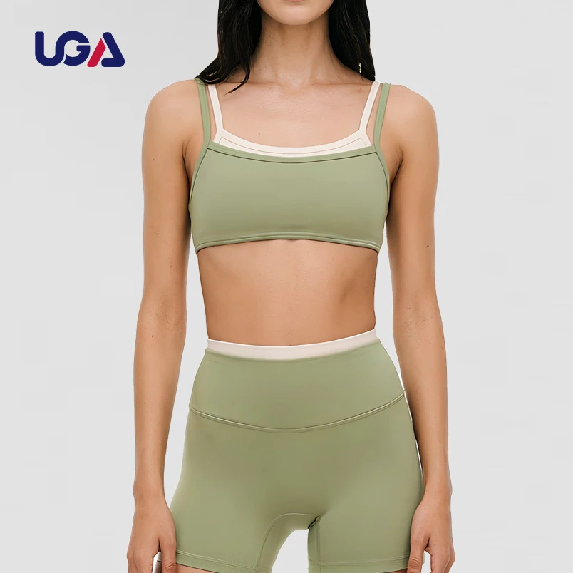 Double Layers Quick Dry Breathable Sports Bra High Waist Contrast Color Front Scoop Neck 2 Piece Workout Yoga Set