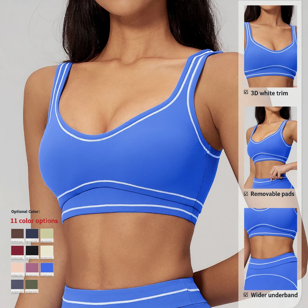 Plus Size Breathable Brushed High Support Yoga Bra U-Neck Color Blocking Pattern Front Women Gym Fitness Spandex/Nylon Material