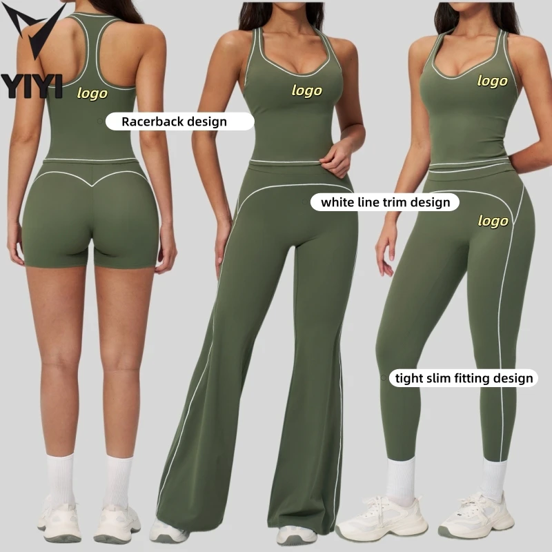 Women's Acitvewear Gym Yoga Pilates Workout Outdoor Running Clothes White Line Trim Contrast Color Sportwear Sets Custom logo