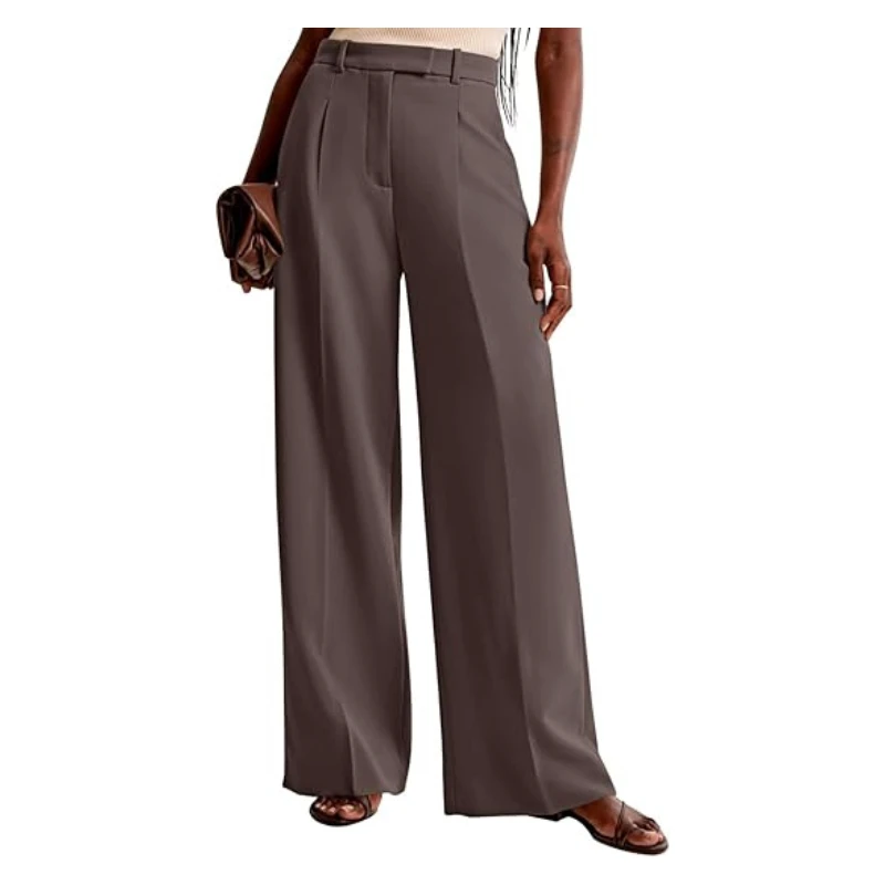 High Waist Wide Leg Pants Solid Color Pleated Full Length Elegant Crepe Trousers Anti-Wrinkle Loose Fit Autumn Style Pants