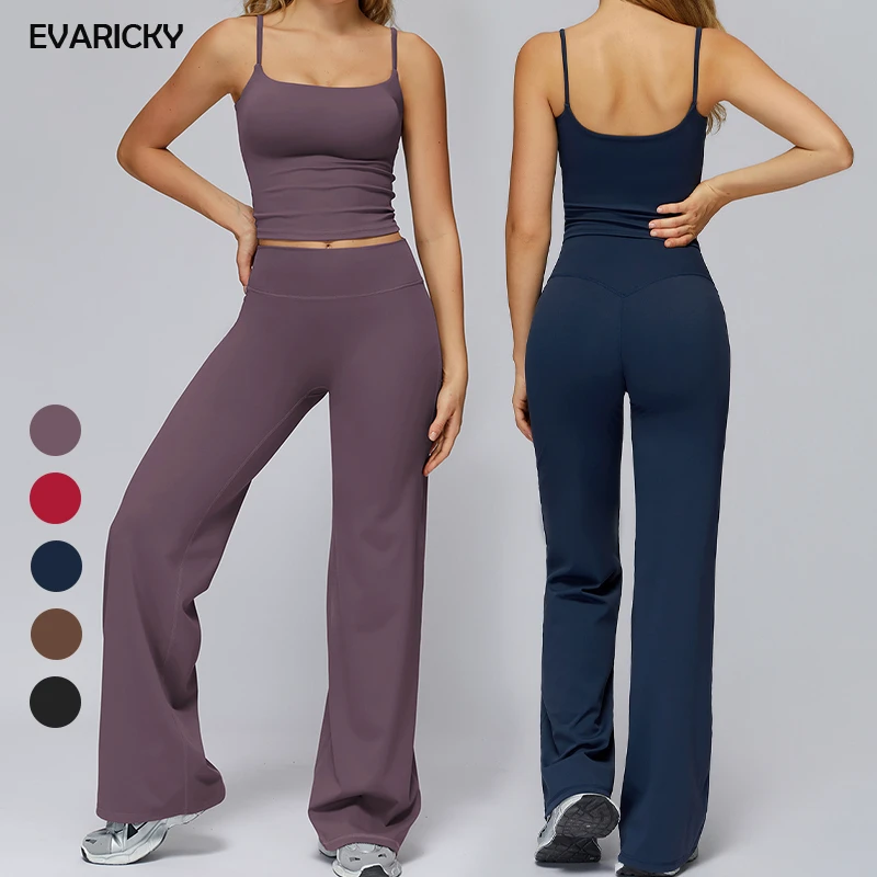 For OEM Women's Solid Breathable High Waist Leggings 2-Piece Yoga Active Wear Set Four-Way Stretch Tank Top Front Nylon