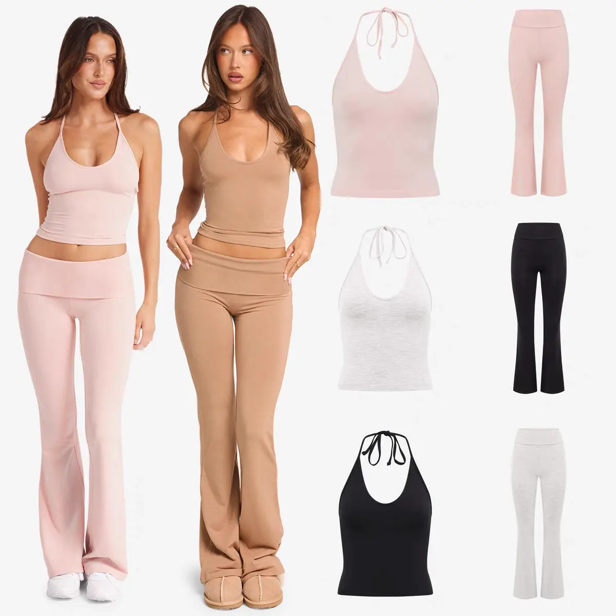 Hot Sale Solid Yoga Halter Crop Top Flare Leggings 2-Piece Workout Set Front High Waist Quick Dry Elastic Waist Breathable Gym