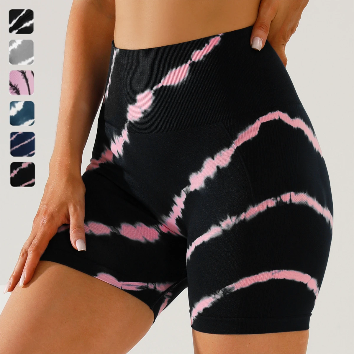 Women's Three-Inch High-Waisted Yoga Pants Tie-Dyed Sport Shorts for Running Fitness Elastic Waist Closure Tight Fitness Shorts