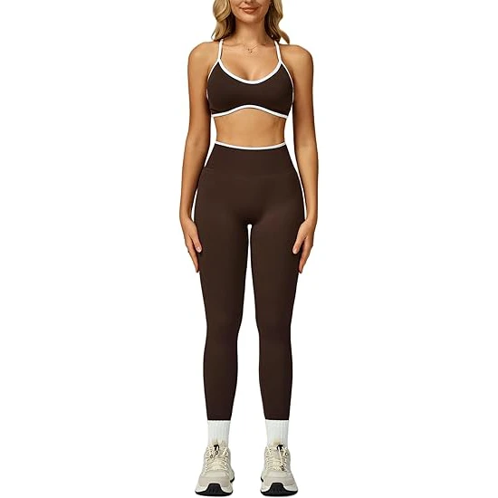 Crossover Waist Yoga Set Women High Neck Sports Bra High Waist Tummy Control Leggings Mesh Detail Nylon Spandex Active Set