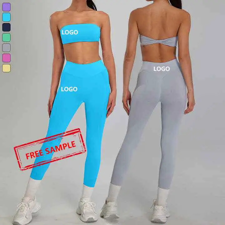 Two Piece Custom Sportwear Seamless High Waist Leggings Strapless Bra Yoga Suits Workout Wear Women Plus Size Gym Fitness Sets