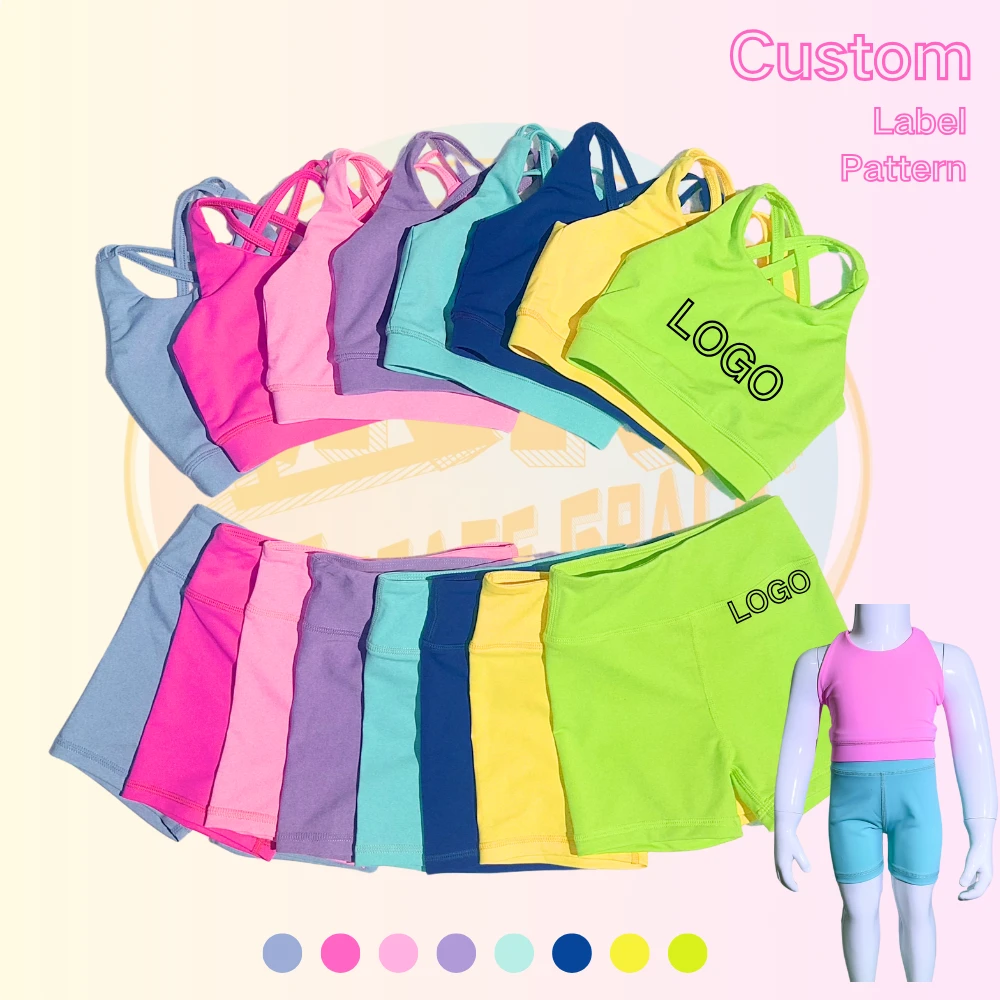 Wholesale Children Nylon Spandex Suspenders Bra+Shorts 2pcs Breathable Sports Wear Girls Yoga Set