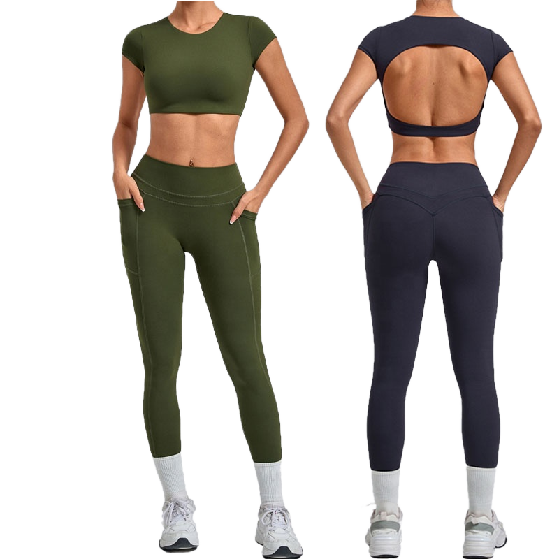 New High Elastic Convertible Strap Crop Top Women Gym Yoga Fitness 2 Piece Breathable Quick-Dry Strength Training Set Pockets