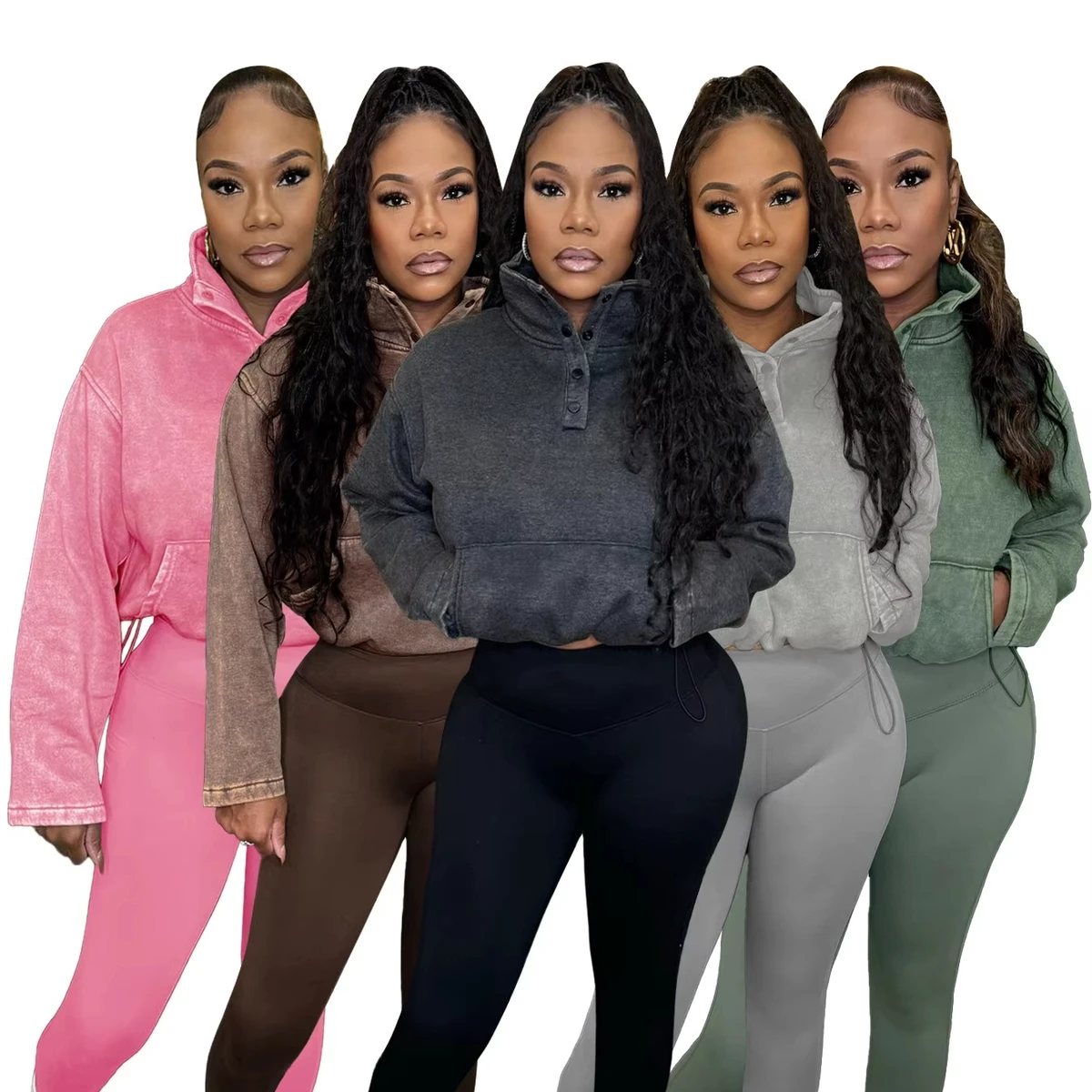 Truen2024 Women's High Quality Casual Sports Two-Piece Set Washed Cotton Top Yoga Pants Stand Collar Eco-Friendly Quick Dry