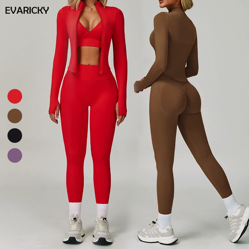 Wholesale Custom 3 Piece Outdoor Fitness Slim Fit Gym Top Long Sleeves Sports Bra Yoga Full Zipper Jacket Yoga Set For Women