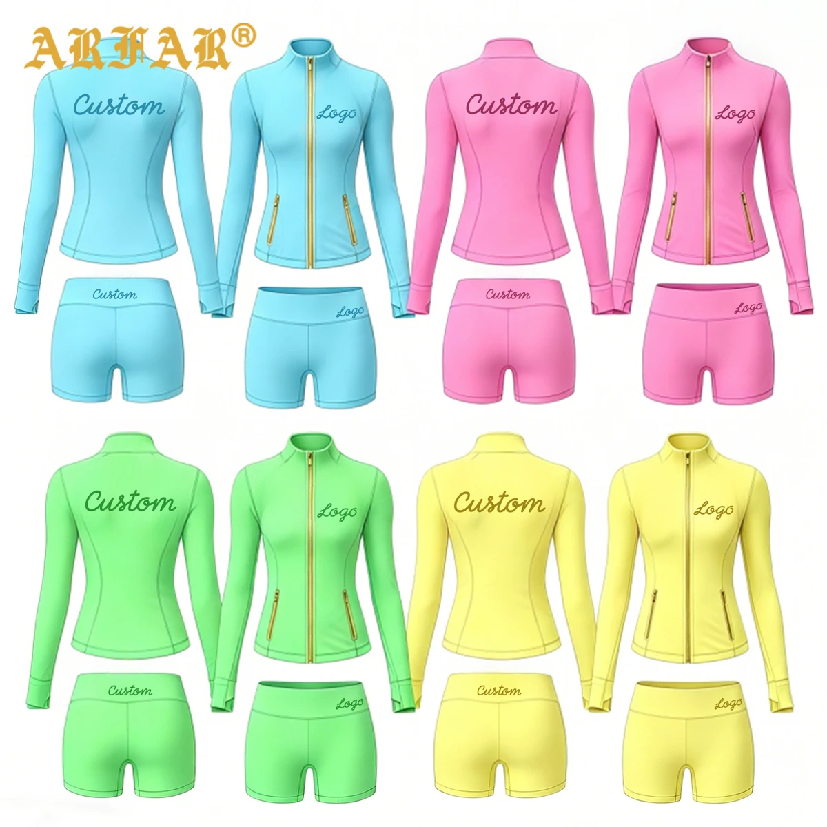 High Quality 2 Piece Yoga Sets for Women Gold Zipper Jacket High Waisted Elastic Shorts Custom Workout Gym Fitness Activewear