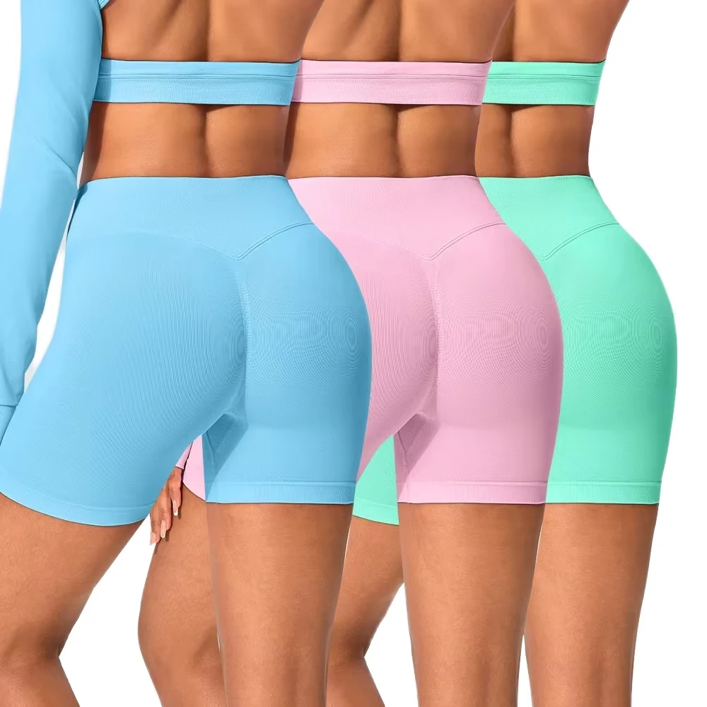 European American High-Elastic Pleated Butt-Lifting Seamless Fitness Yoga Shorts High Waisted Three-Quarter Pants Elastic Waist