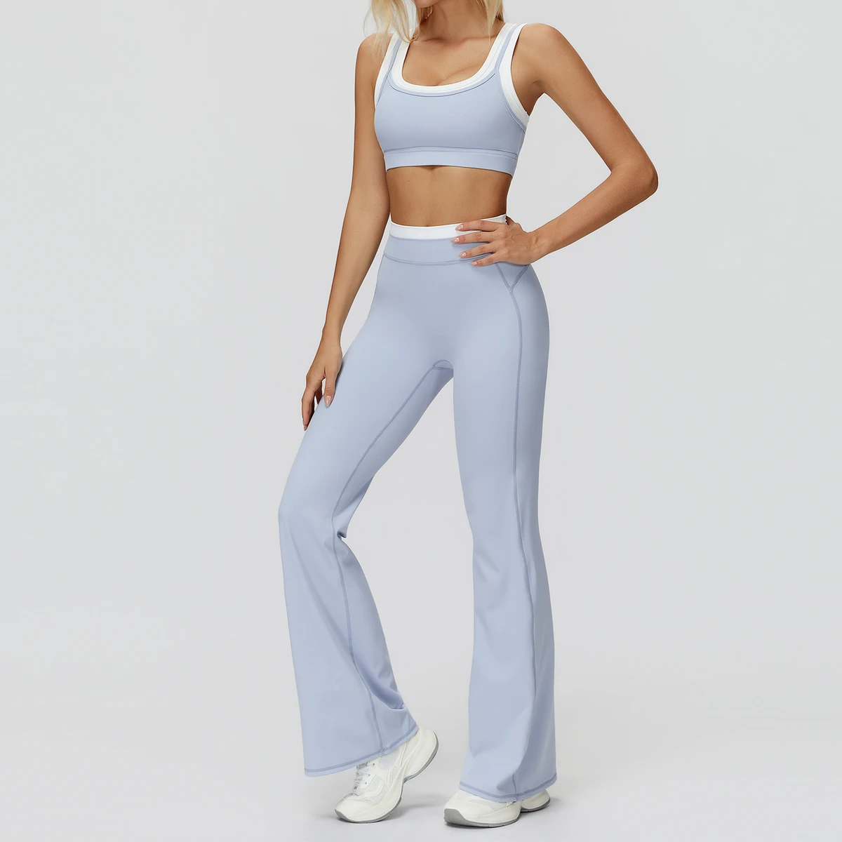 Color Block Nude Feeling Yoga Set Ribbed High Waist Outdoor Casual Gym Leggings Fashion Fitness Sports Suit 2 Piece Set