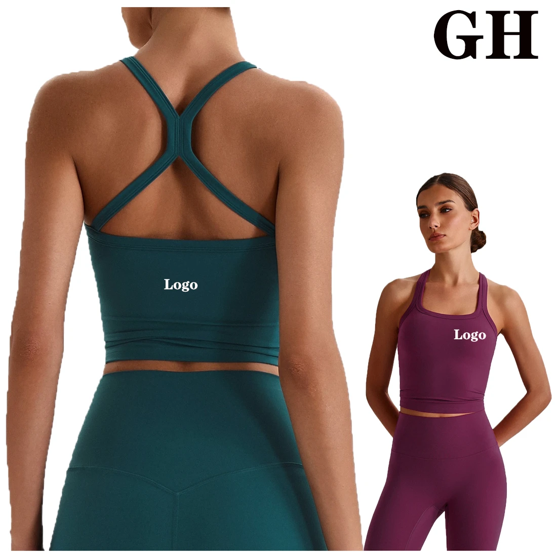 GH Custom Logo Solid U Neck Soft Sleeveless Light Weight Breathable High Elastic Sports Bra with Pads Fitness Tank Top for Women