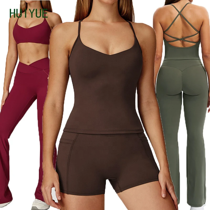 Wholesale High Elasticity Lightweight 5-Piece Yoga Set High Waisted Flared Leg Waist Side Pocket Sportswear Yoga Set