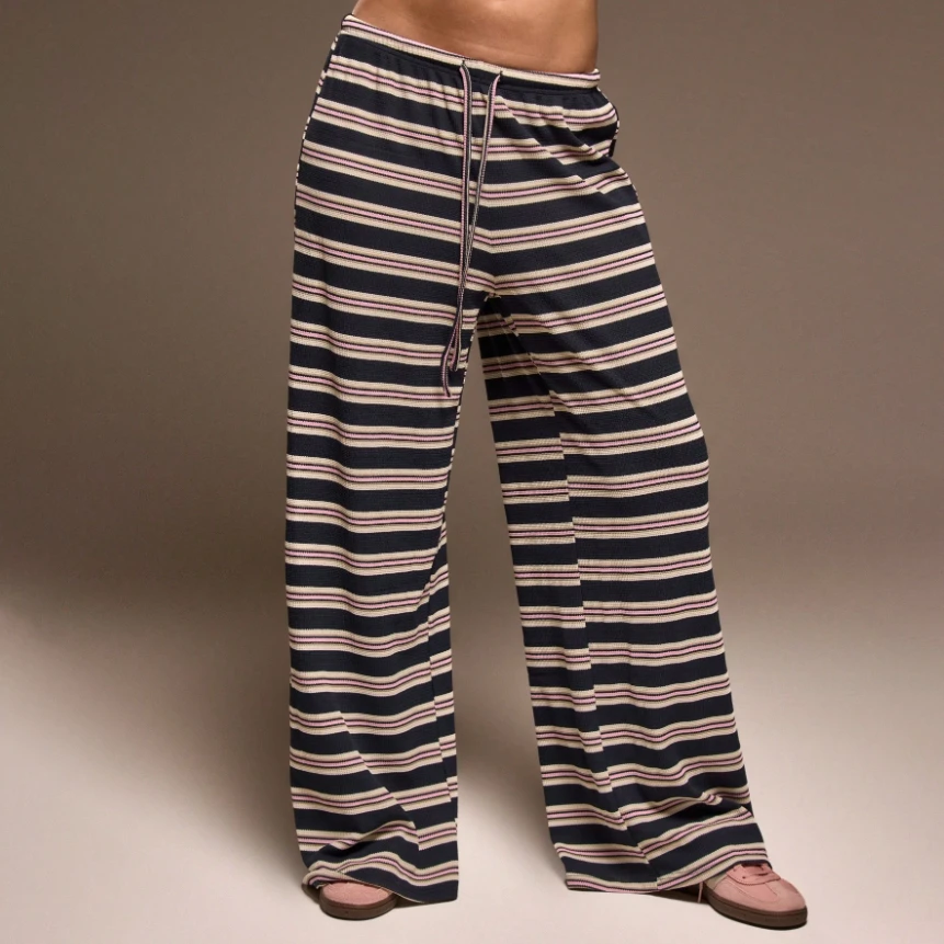 Women's Casual Mid Rise Straight Stripe Pants High Waist Drawstring with Elastic Closure Flare Style Wide Leg Trouser