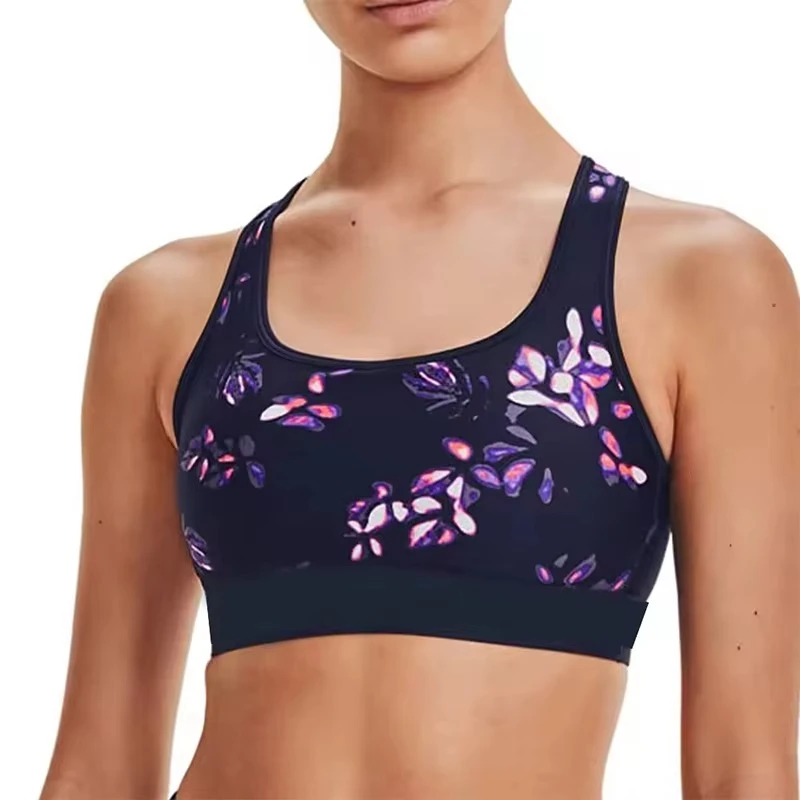 Best Seller Women Printed Sports Bra Round Neck Bra Medium Support Back Cross Strip Yoga Workout Gym Fitness Activewear