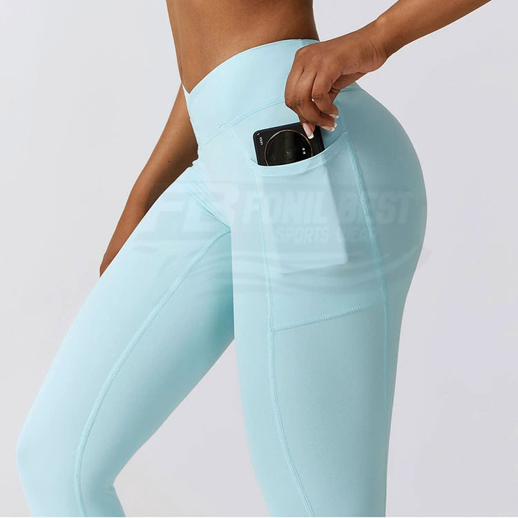 Wholesale High Quality Solid High Waist Tummy Control Breathable Full Length Yoga Legging Pocket Four-Way Stretch 220g