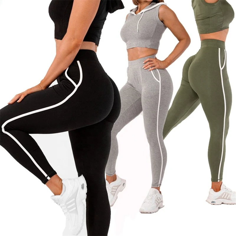 High-Waist Striped Women's Yoga Leggings With Right Leg Logo Elastic Waist Closure 220g Spandex Nylon Pants