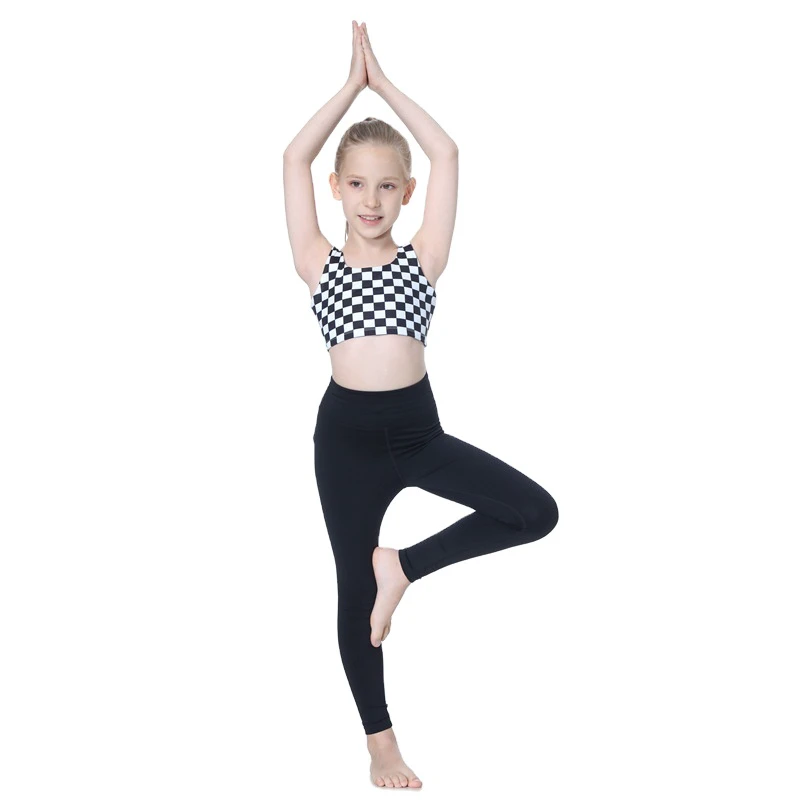 YMIMI Children's Yoga Pants & Top Set-Spandex/Nylon Checkered Crew Neck Full Length Girls Activewear Quick-Dry Stretchy 2-Piece