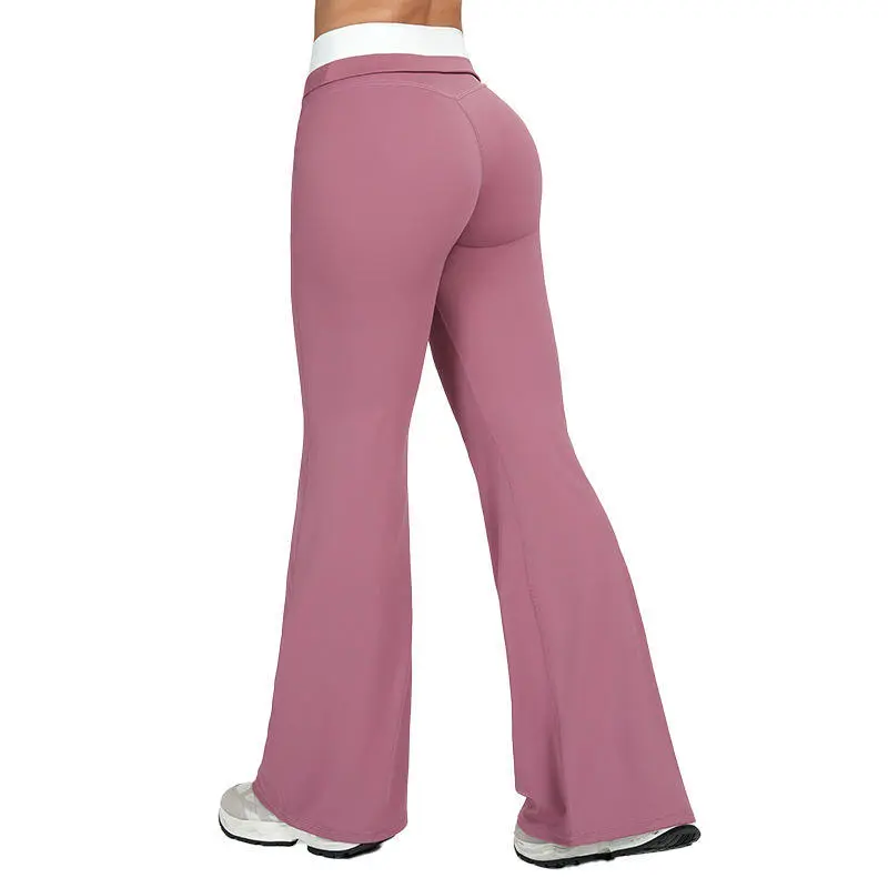 Women High Waist Flared Yoga Pants Two Piece Design Four Way Stretch Breathable Fitness Lounge Trousers