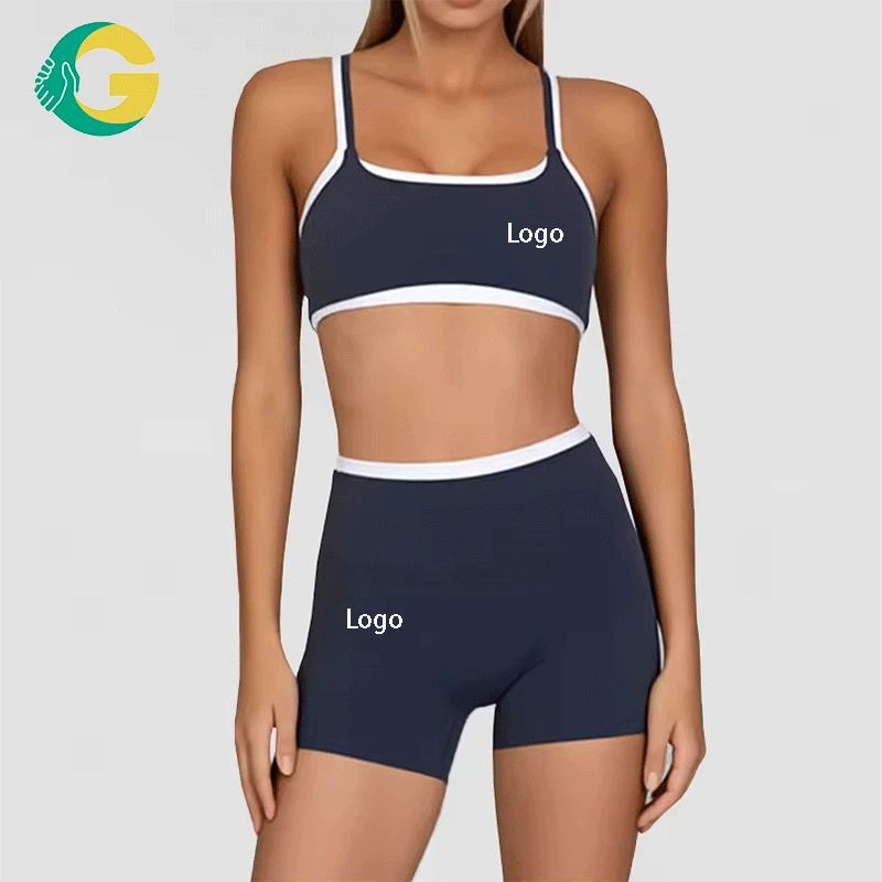 Gc Color Blocking Custom Color High Waist Workout Set Fitness Women Double Layer Sports Bra Gym Leggings Striped Shorts Yoga Set