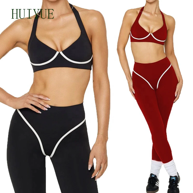 Breathable Compression Women's Elastic Waist Gym Fitness Yoga Bra Set Color Blocking Halter Activewear Workout Clothes