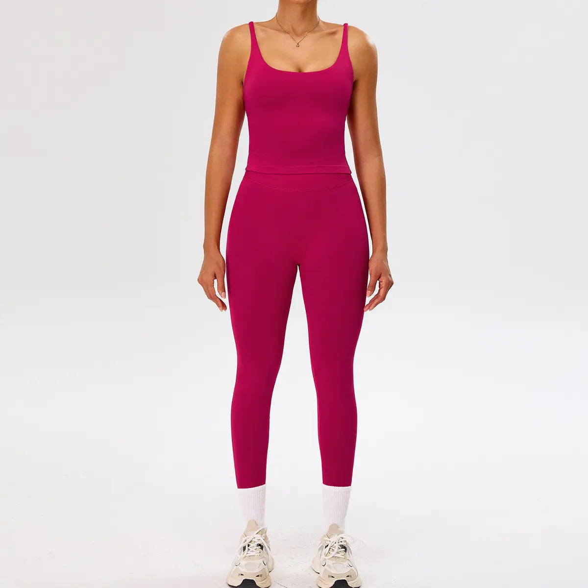 Women's Solid Seamless Breathable High-Waist Yoga Set Square Neck Crop Top & Naked Sensation Leggings for Running Gym