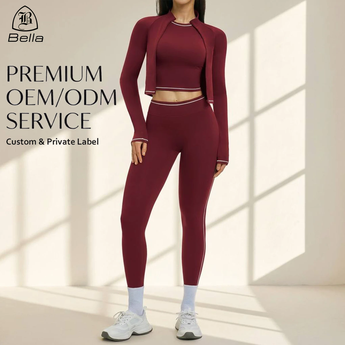 Ropa Deportiva Dama Custom Fitness Clothing Women Color Block Gym Wear Long Sleeve Jackets Crop Tops 3 Piece Yoga Leggings Sets