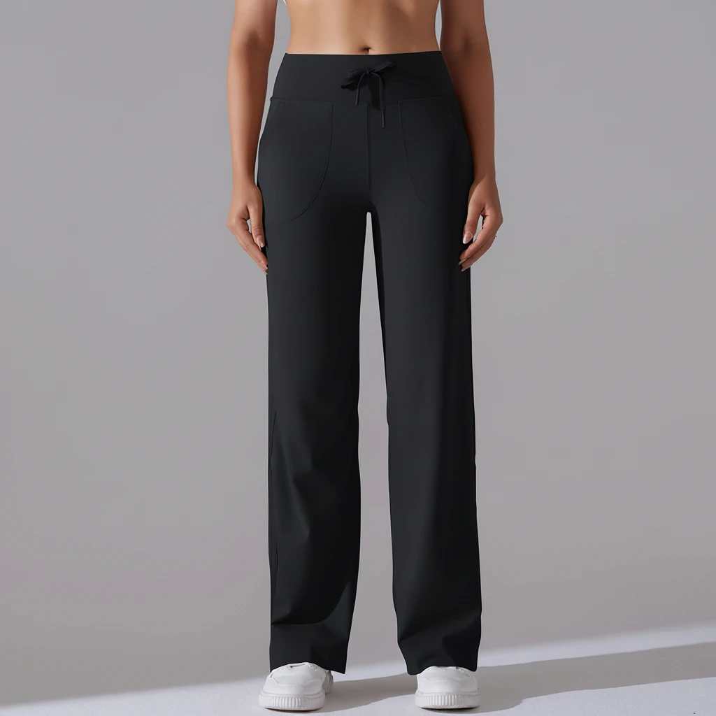 Custom Spandex Nylon Pockets Tummy Control Trousers High Waist Loose Workout Sports Wide Straight Leg Yoga Pants for Women