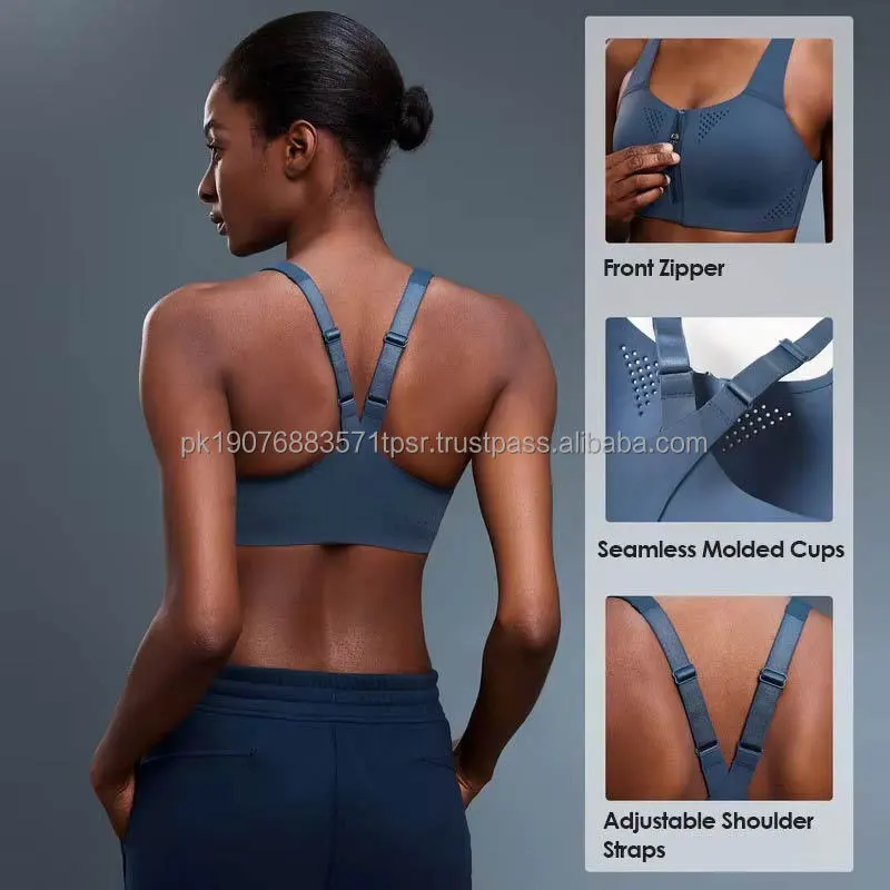 Custom Logo Design Lightweight High Impact Front Zip Yoga Wear Adjustable Strap Running Workout Sports Bra for Women Fitness