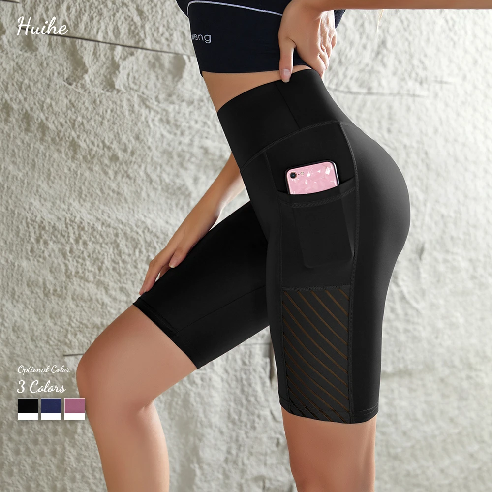 Huihe Fitness Clothing High Waisted Leggings Elastic Slim Fit Running Yoga Pants Women Shorts With Pocket